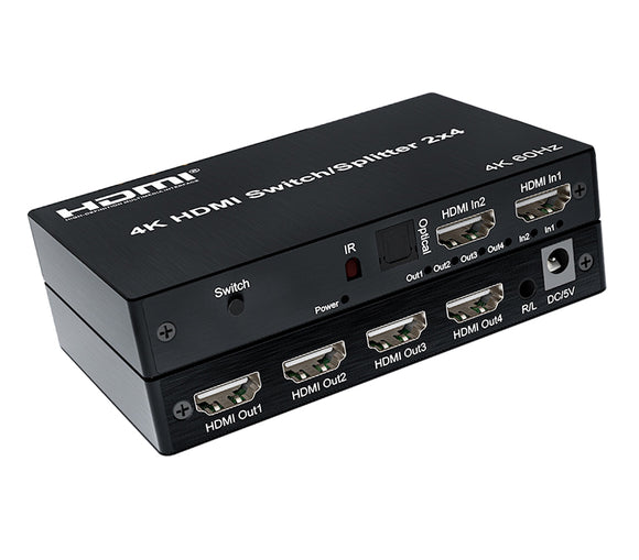 4K HDMI Splitter Switch 2 In 4 Out 4K@60Hz 2x4 HDMI 2.0 Switcher and Splitter HDSPW4624